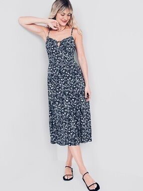 Old Navy Blue Ditsy Floral Midi Dress Fit & Flare Smocked Back Pockets L NWT